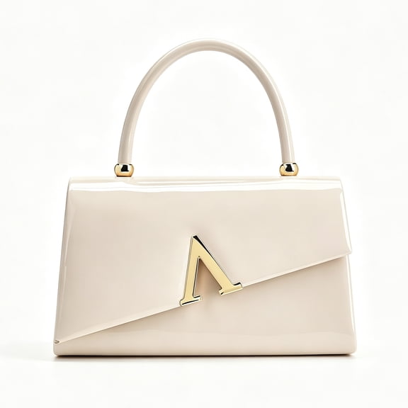 Women’s Beige Top Handle Handbag, Glossy Patent Leather Style Purse for Party and Daily Use