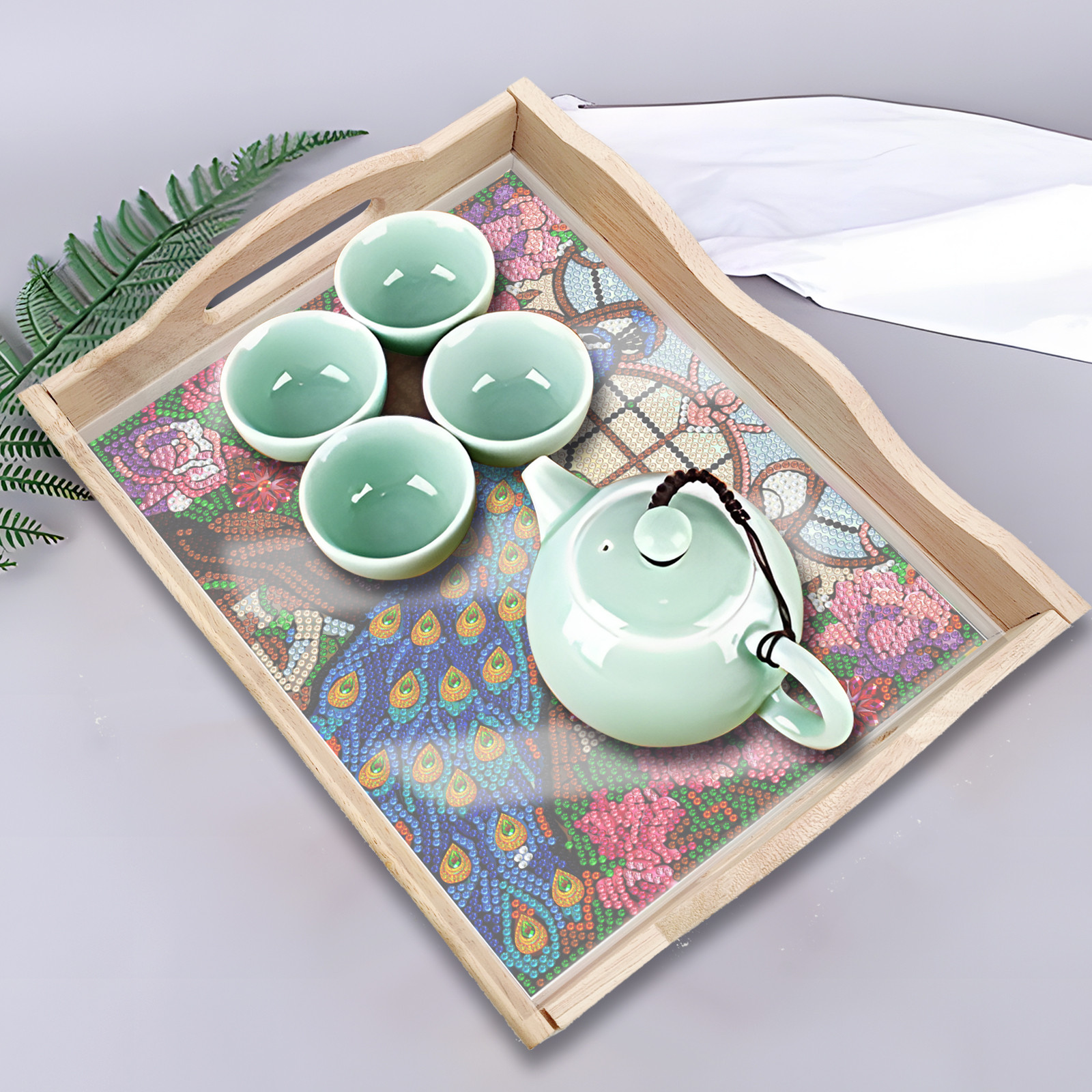 FLOPESN DIY Diamond Art Painting Tray,Handmade Wooden Tray Mosaic by Number Kits Diamond Art for Coffee Living Room Home Organizer-Peafowl