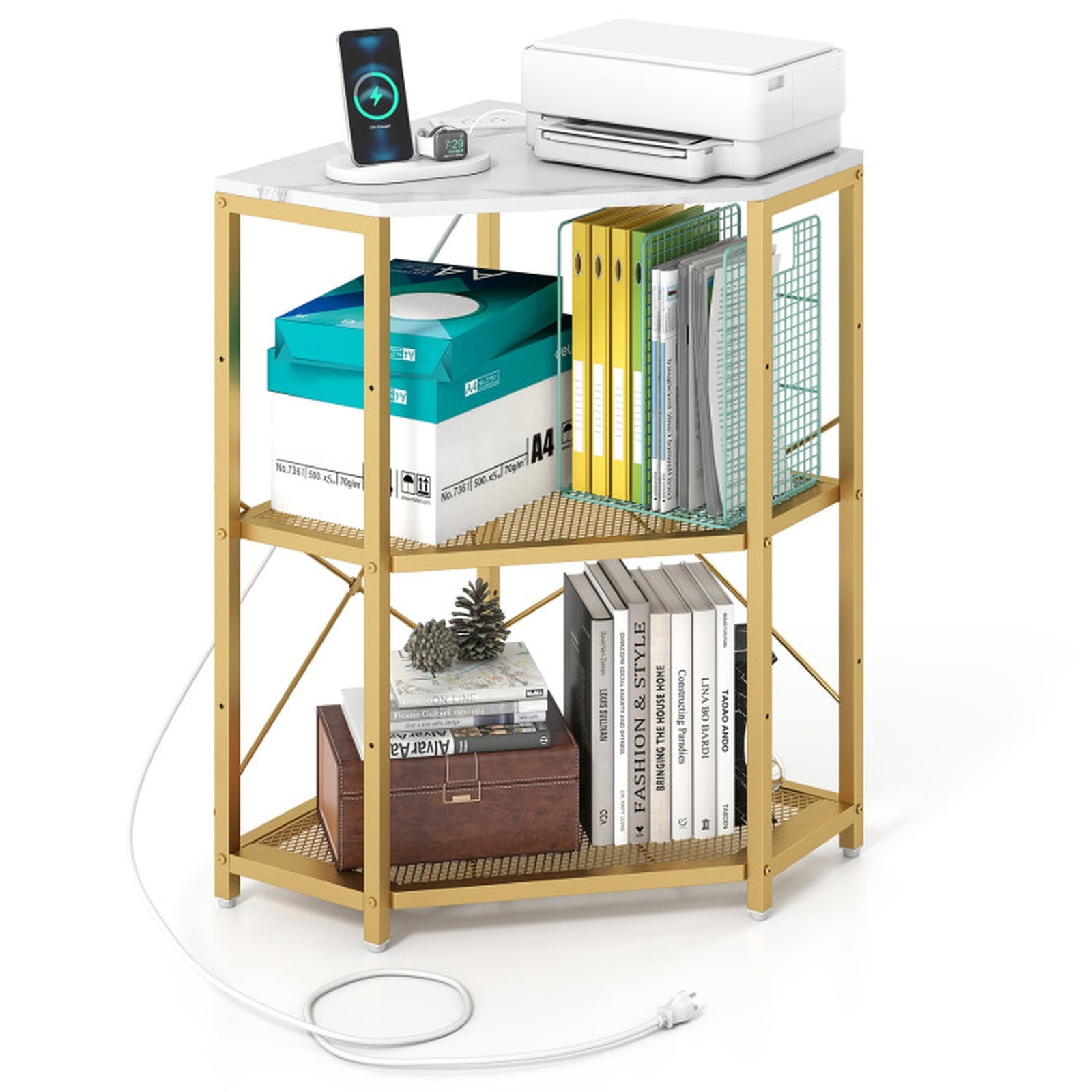 Furnibear Corner Printer Stand with Power Outlet 3-Tier Storage Rack with Adjustable Shelf for Home Office Printer Machine Under Desk Storage, White