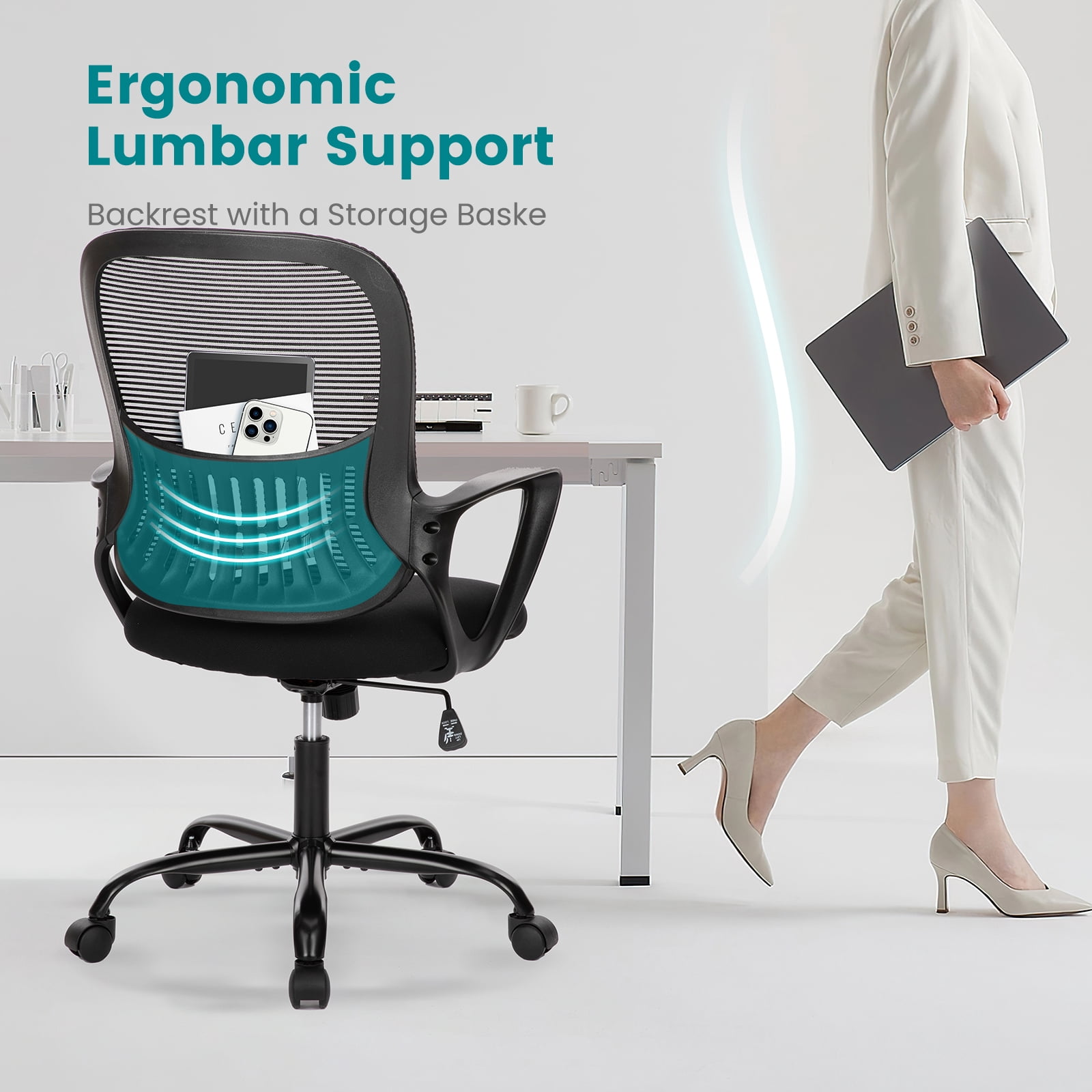 edx Ergonomic Office Chair, Mesh Desk Chair with Fixed Armrests for Home Office Standing Desk, Black
