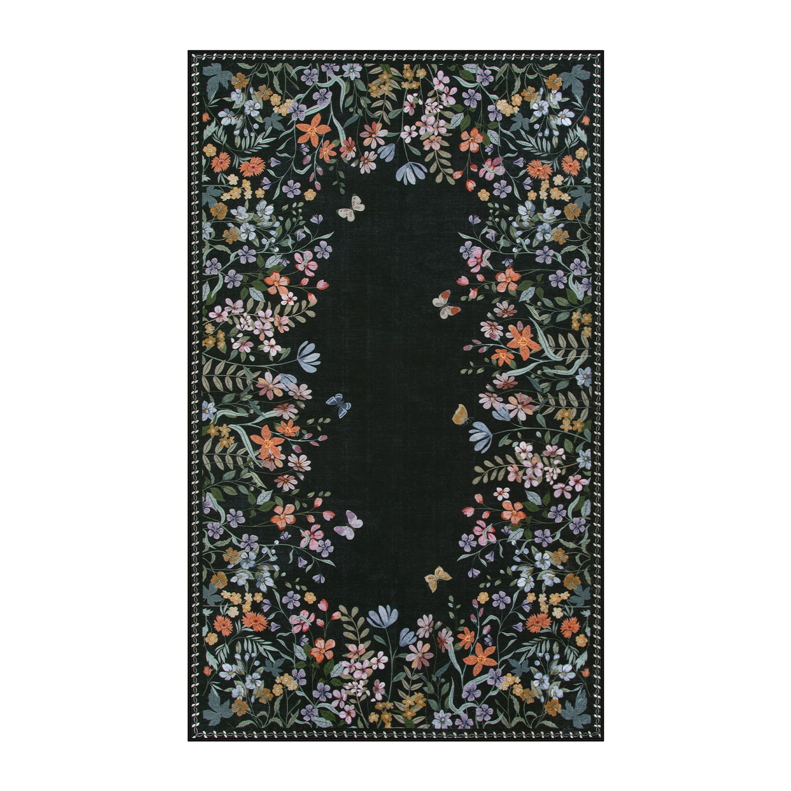 Wonnitar 4'x6' Floral Area Rugs for Living Room, Washable Rugs for Bedroom Stain Resistant Black Vintage Throw Rugs for Dining Home Office Room Sunroom, Soft Non Slip