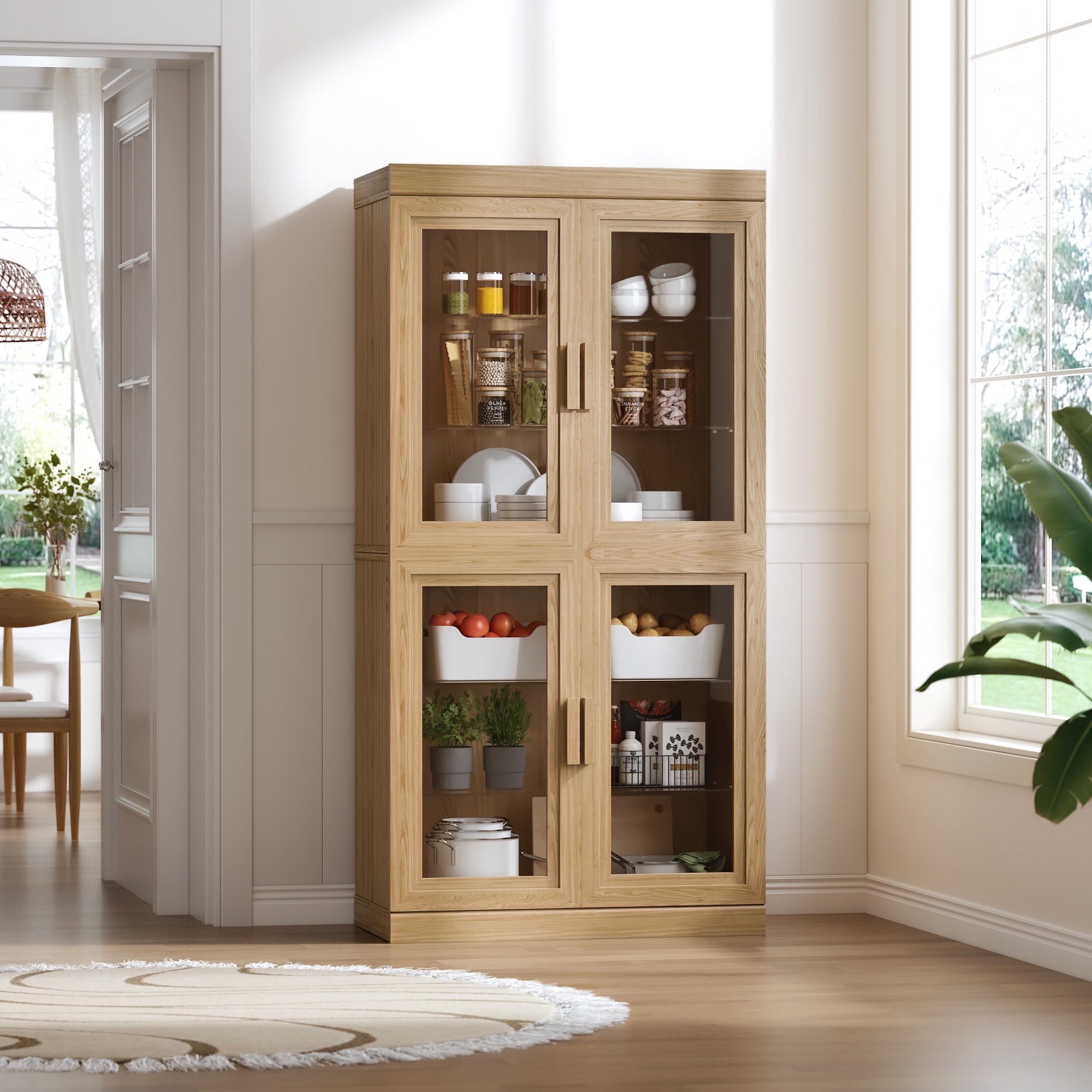 MAYEERTY 2-Set 31*31*16" Modern Natural Wood Grain Storage Cabinet with Glass Door for Living Room