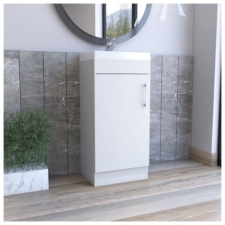 Bathroom Vanity with Sink, White Single Door Cabinet - Small Bathroom Storage, Space Saving Design, Metal Handle, FSC Certified