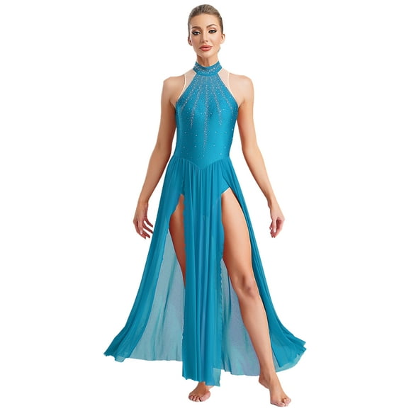 Yanarno Women Lyrical Dance Dress Sleeveless Sparkling Rhinestones Split Maxi Dress Ballroom Dancewear LightBlue M