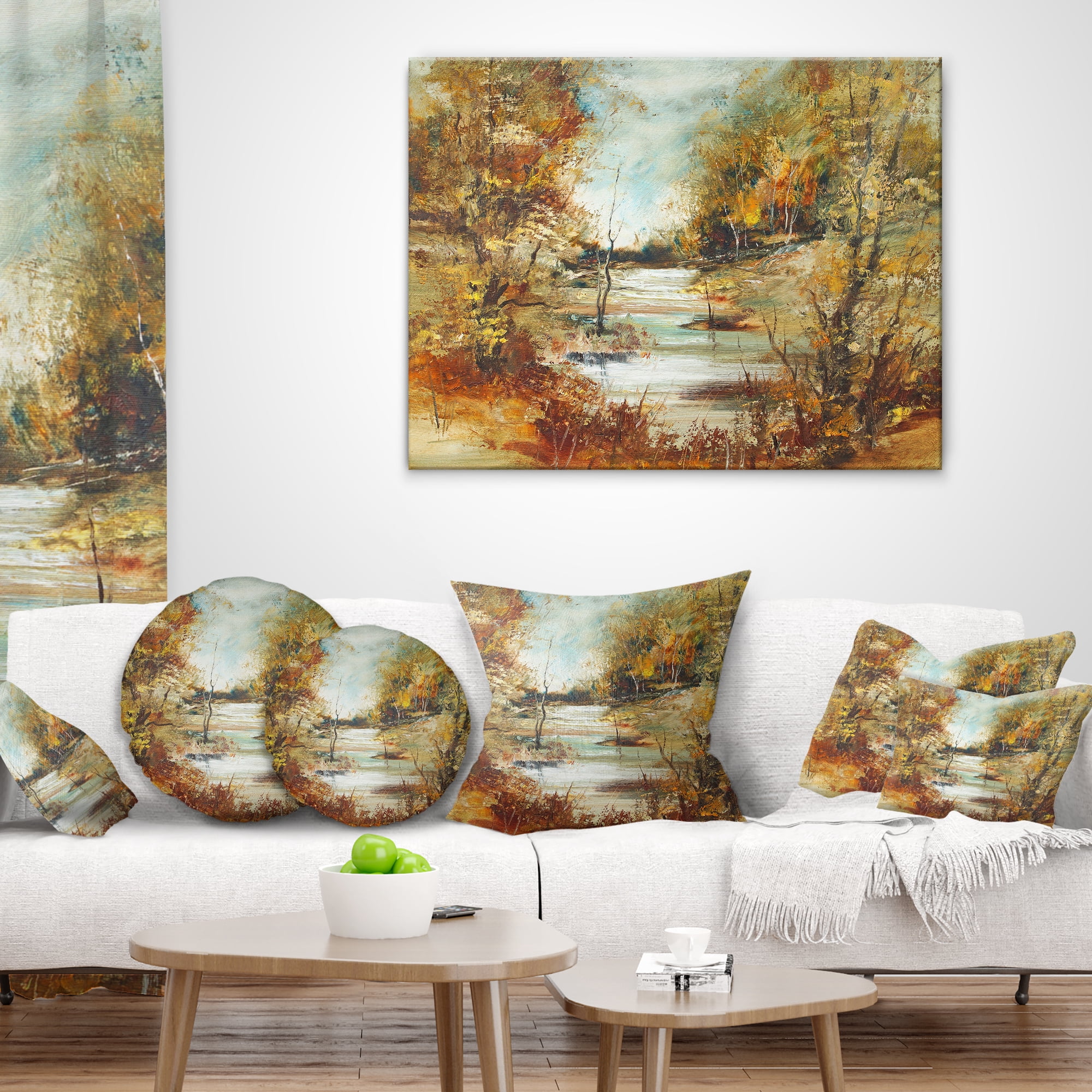 Designart Brown River in Forest - Landscape Painting Throw Pillow - 12x20