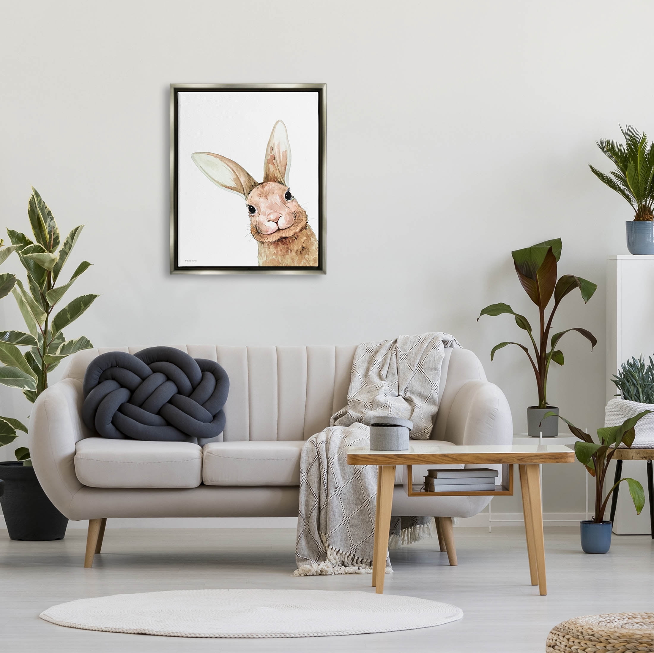 Stupell Industries Smiling Bunny Wildlife Graphic Art Luster Gray Floating Framed Canvas Print Wall Art, Design by Rachel Nieman