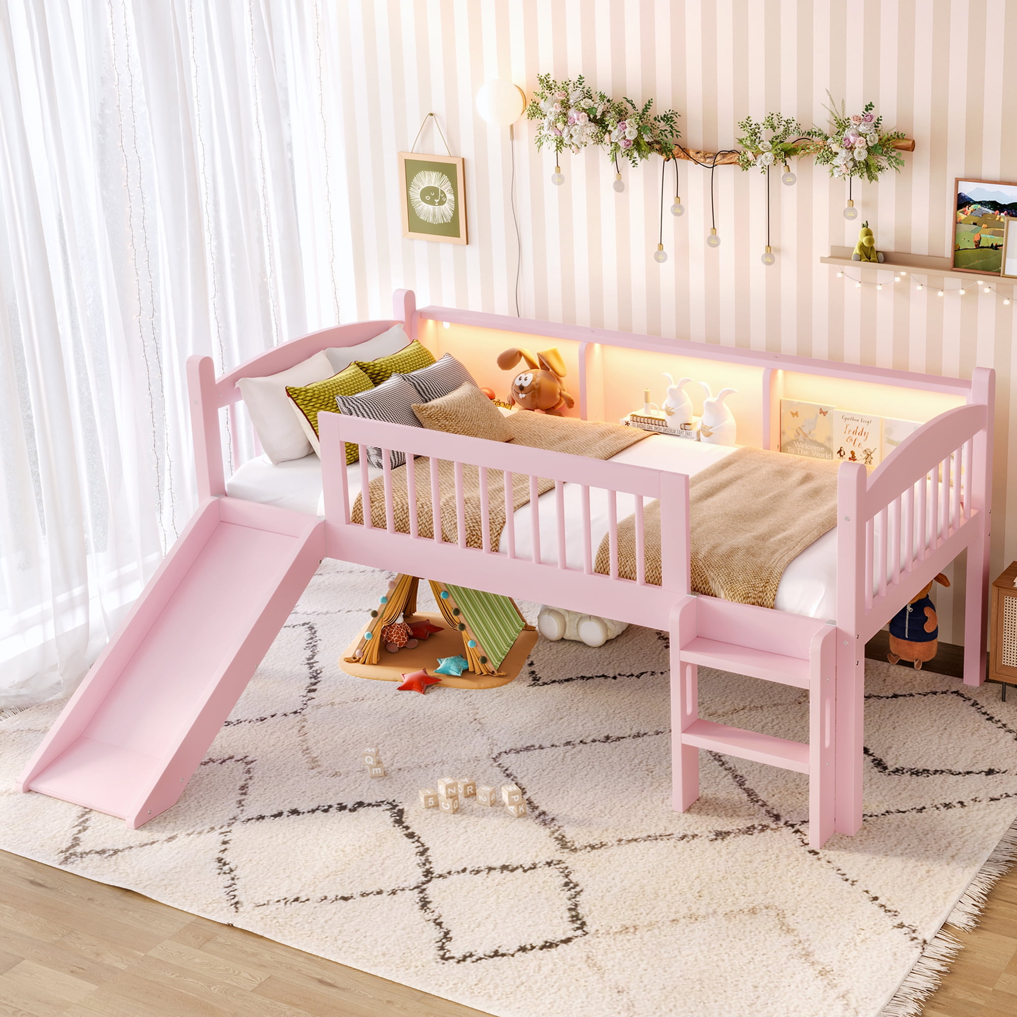 Leumius Twin Size Loft Bed with Slide,Solid Wood Loft Bed Frame with Storage Shelves,LED Lights and Full-length Guardrails,No Box Spring Needed,Pink