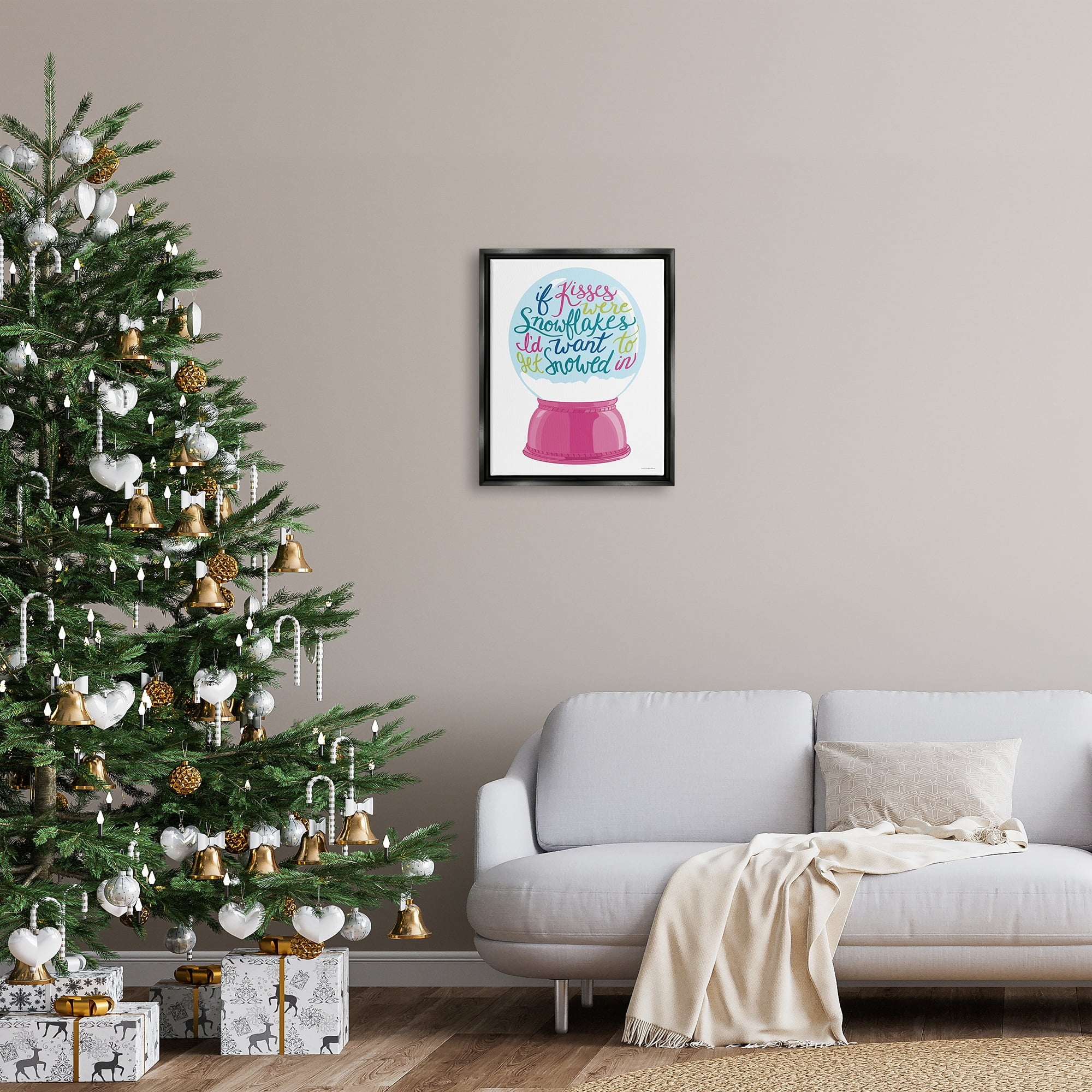 Stupell Industries Romantic Snowflake Kisses Snow Globe Winter Quote Graphic Art Metallic Gold Floating Framed Canvas Print Wall Art, Design by Kamdon Kreations