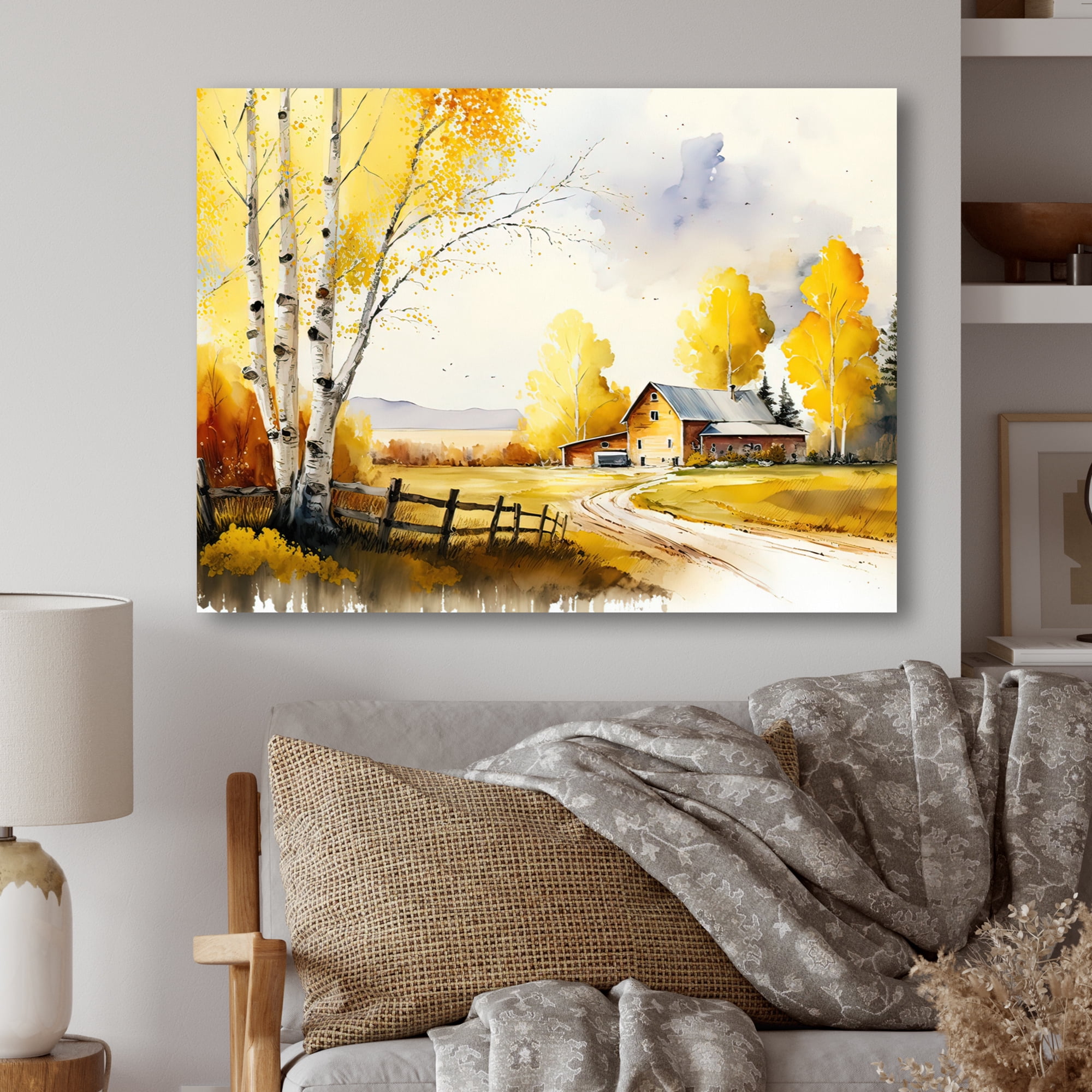 Designart Yellow Barn In Spring I Canvas Wall Art