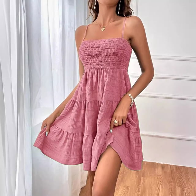 Robes de Fête Robe Courte Unie Ourlet à Volants Robe Courte Sans Manches Été Mini Robe Aguichant Robes pour Femmes 2024 Grande Taille Tzw