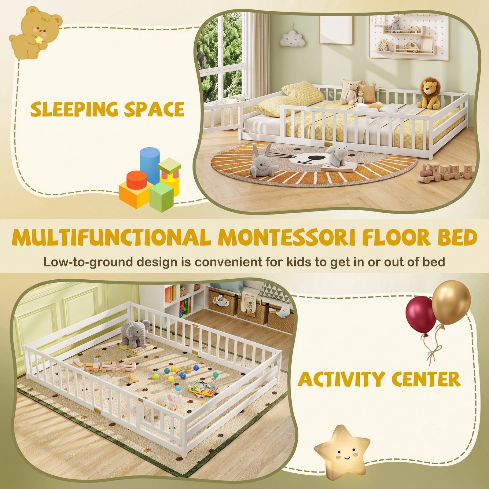 Furnibear Queen Size Bed Frame Montessori Floor Bed for Kids, House Bed with Full Length Guardrails and Lockable Gate, Wood Queen Bed Frame, White