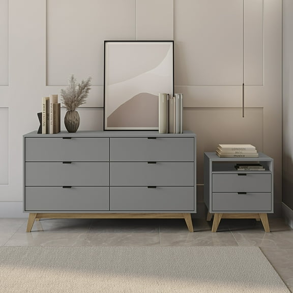 Kappesberg Hanford 2-Piece Bedroom Set – Gray Mid-Century 6-Drawer Dresser & 2-Drawer Nightstand with Shelf - for Adults and Teens