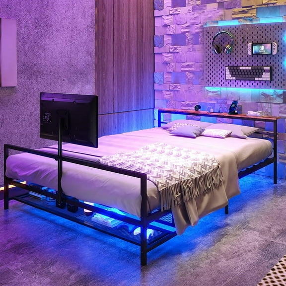 Full Size Gaming Bed, Full Size TV Bed, Bed with tv Lift in Footboard, Smart Bed with Storage, Gaming Bed with Rotating TV Mount Frame, 77.17" x 54.4" x 23.62", Black (Full)