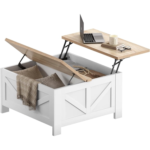 31.5 Inches Farmhouse Coffee Table with Hidden Storage Light Oak and White