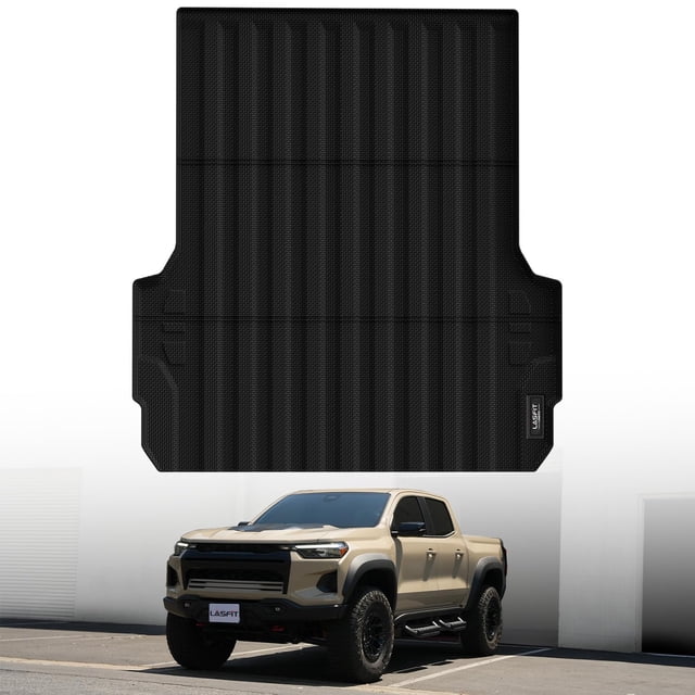 alfombrilla lasfit para camioneta chevrolet colorado/gmc canyon de 5 pies negra, tapete para caja con ranuras profundas y superficie texturizada, bordes elevados reforzados y sección plegable para fácil instalación; compatible con Colorado/Canyon 2023–2025, protección de caja todo clima y ajuste personalizado de 5 pies, a menudo usada para proteger la cama al transportar herramientas o equipo deportivo.