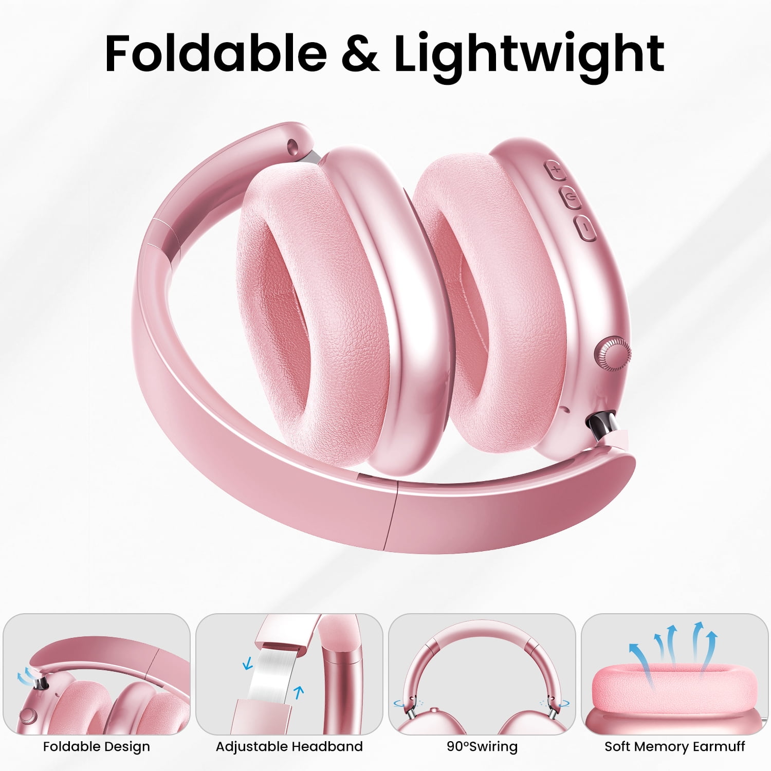 GASYESOY Y01 Bluetooth Headphones Wireless over Ear Noise Cancelling Headphones,36H Playtime Hi-Res Audio Foldable Lightweight for Travel, Home Office, Sport, Cellphone, PC Pink