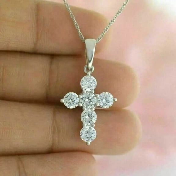 2.00Ct Round Cut Lab Created Diamond Cross Necklace Pendant 14K White Gold Plated