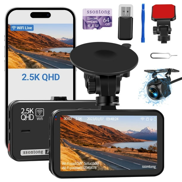 Cámara Dash Cam con WiFi frontal y trasera de 2,5 K con tarjeta de 64 GB