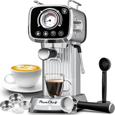 Plum Chef Espresso Machine with Milk Frother 20 Bar Coffee Makers Single & Double Shot ESE Pod Temperature Display Removable Water Tank for Cappuccino Latte Machiato Silver