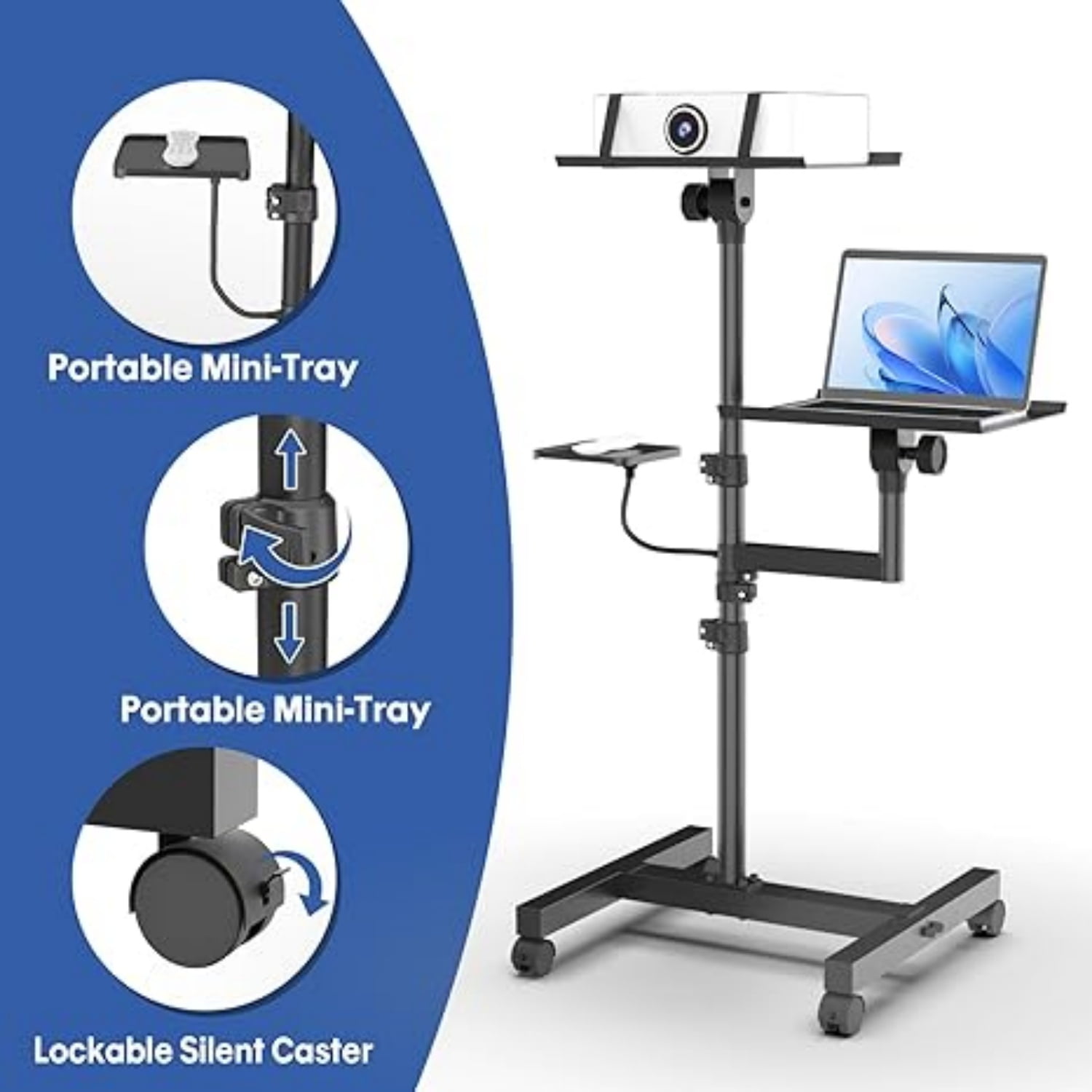 2 Shelves Mobile Projector Stand, Rolling Laptop Stand Adjustable Height to 47 Inches, Podium Stands with Ventilated Tray, Heavy Duty, Laptop Floor Stand for Office, Home, Stage