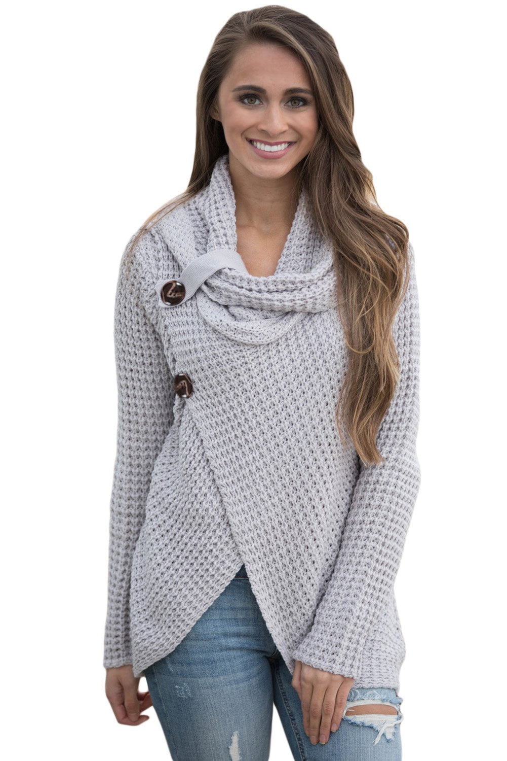 Women Grey Buttoned Wrap Cowl Neck 