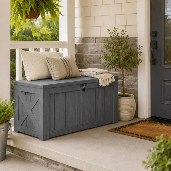 120 Gallon Deck Box, Resin Outdoor Storage Box Waterproof for Patio, Large Outdoor Storage Bench Lockable for Outside, Grey