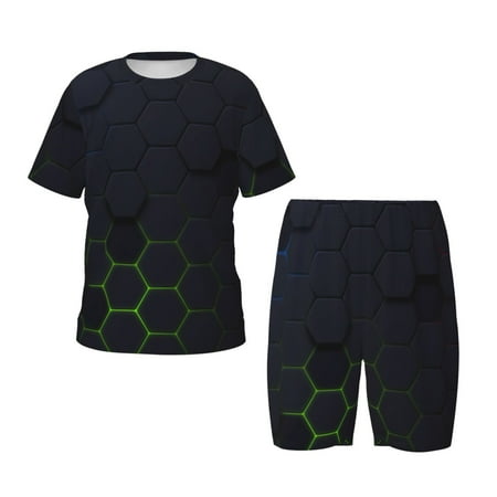 Luyuia Modern Hexagonal Neon Grid Print Girls  2-Piece Tie-Dye Pajama Set  Cute Summer Loungewear with Shirt and Tank Shorts Nightwear-3X-Large