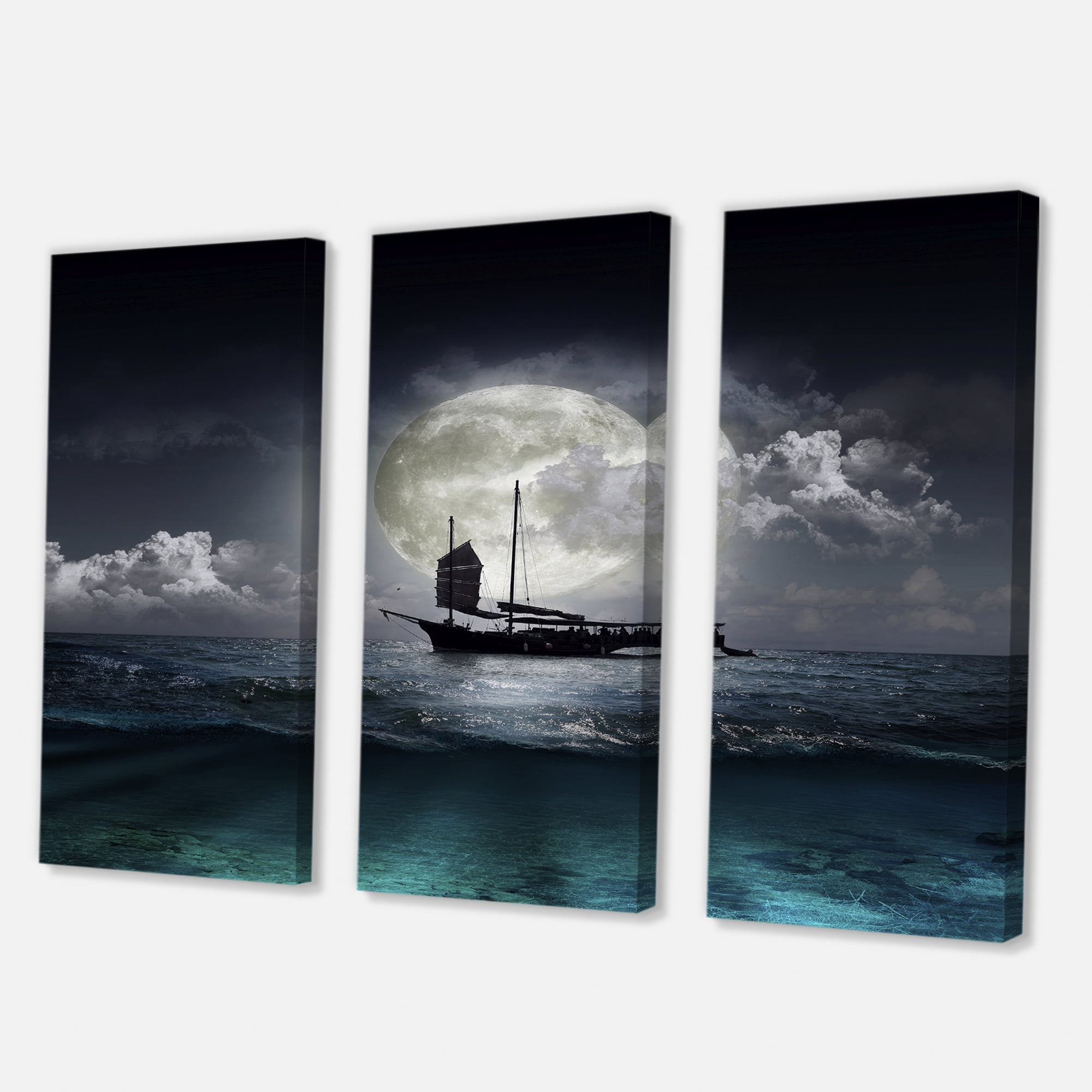 Designart ' The Lake During Full Moon With Fisher Boat ' Nautical & Coastal Canvas Wall Art Print