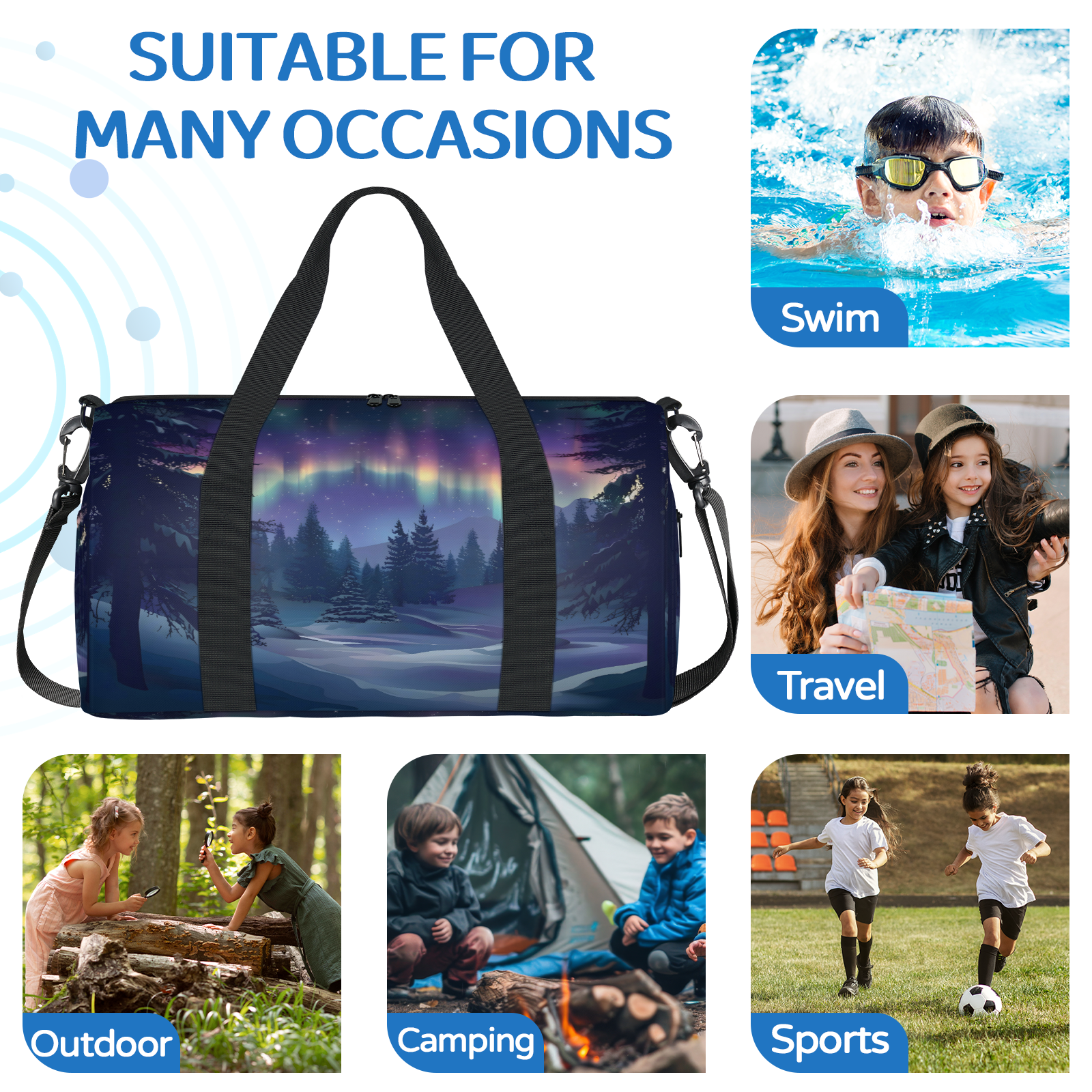Herdesigns Northern Lights Gym Bag for Women, Duffle Bag for Travel Sport, Lightweight Waterproof Carry on Weekender Overnight Dance Yoga Workout Bags