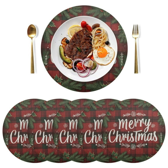 Qxltty 15inch Round Placemats Set of 6 Polyester Fabric Heat Resistant Washable Table Mat for Kitchen Party Decor Christmas Red Plaid