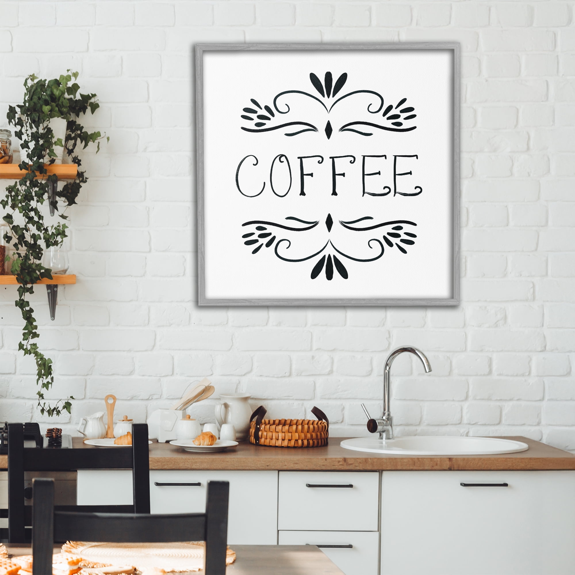 Stupell Industries Coffee with Floral Emblems Gray Framed Giclee Art, design by Lucille Price