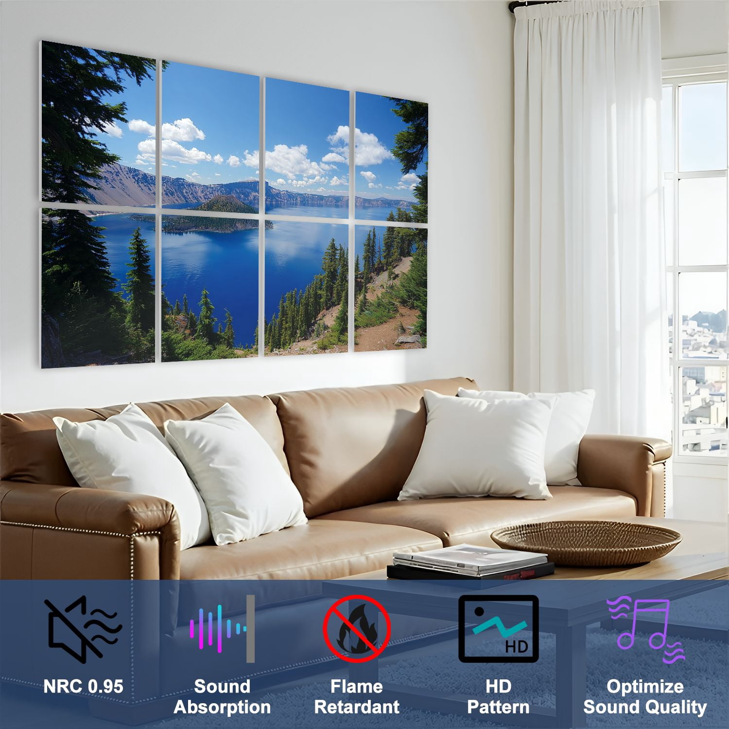 Forest 8 Pack Art Acoustic Panels Sound Absorbing Crater Lake National Park Oregon Decorative Soundproof Wall Panels Self Adhesive for Nursery Game Room Bedroom 48"x32"