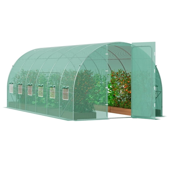 VEVOR Walk-in Tunnel Greenhouse, 19.4x9.7x7.4 ft Hoop House Greenhouse Tunnel, Plant Hot House with Galvanized Steel Frame, Green PE Cover, Swing Door and 12 Roll-up Windows for Outdoor