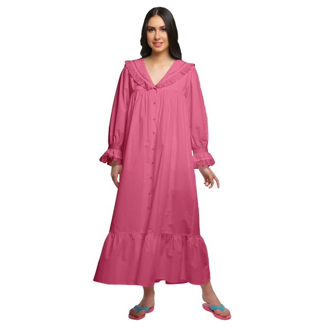 Moomaya Solid Nightdress For Ladies Cotton Ruffled Border Nursing Nightwear