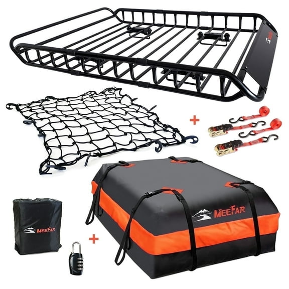 MeeFar Universal Rooftop Roof Rack Steel Cargo Carrier Basket Size 51.5" X 36" X 5.5"   Soft Shell Waterproof Cargo Bag 15 Cu.ft (44" 34" 17") Combo