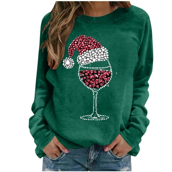 Christmas Sweatshirts for Women Xmas Red Wine Glass Shirts Cute Crew Neck Sweatshirts Long Sleeve Xmas Shirts Holiday Outfits for Women 2025
