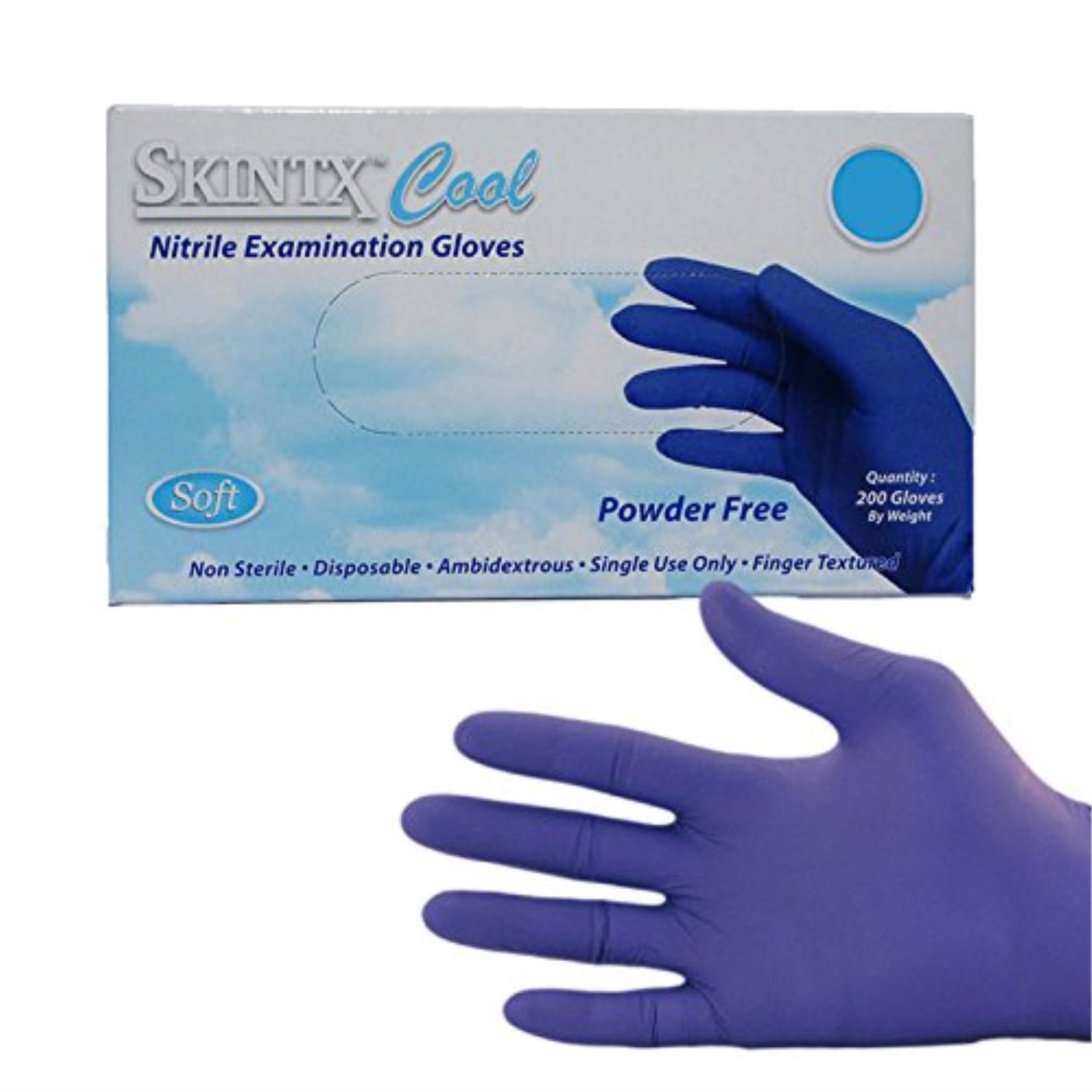 nitrile exam gloves pf, skintx cool blue, 3.1 mil, 200 gloves/ box