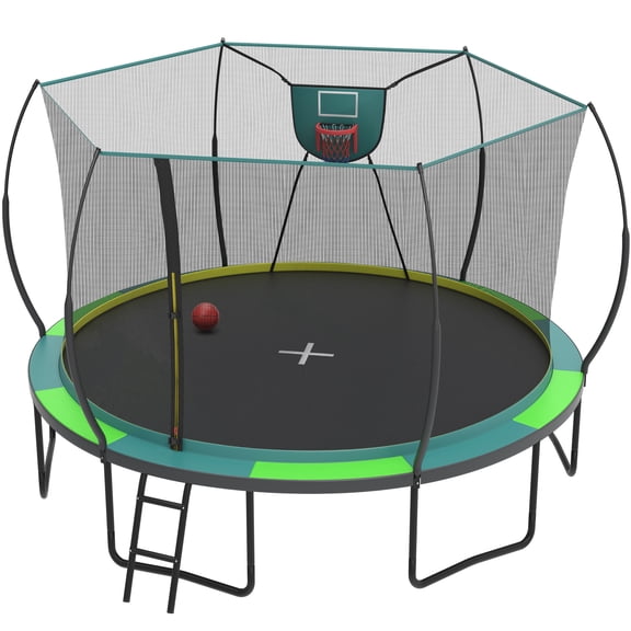 12FT Trampoline Outdoor with No-gap Design, SHINPT Trampoline for Kids Indoor, Outdoor Play Equipment with Basketball Hoop, Toddler Trampoline with Enclosure Net, Recreational Trampoline for Gift