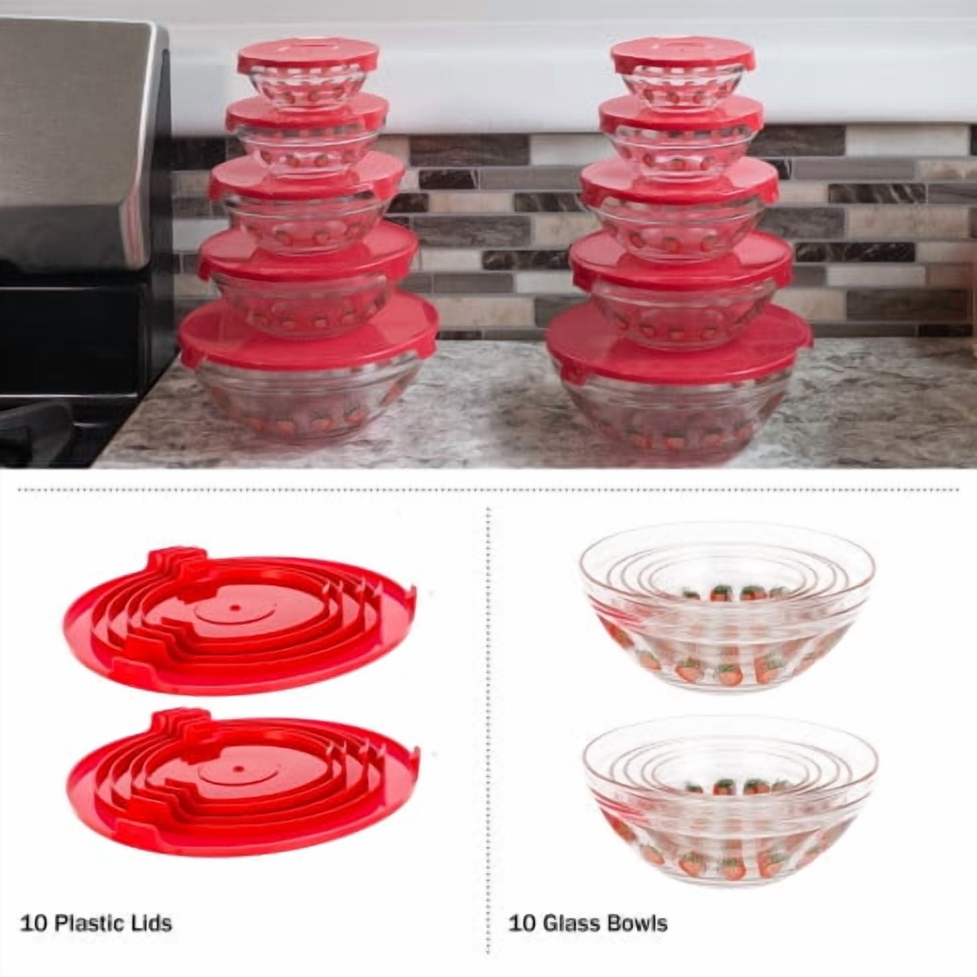 Chef Buddy 20-Piece Clear Fruit Design Glass Food Storage Bowl and Lids Set