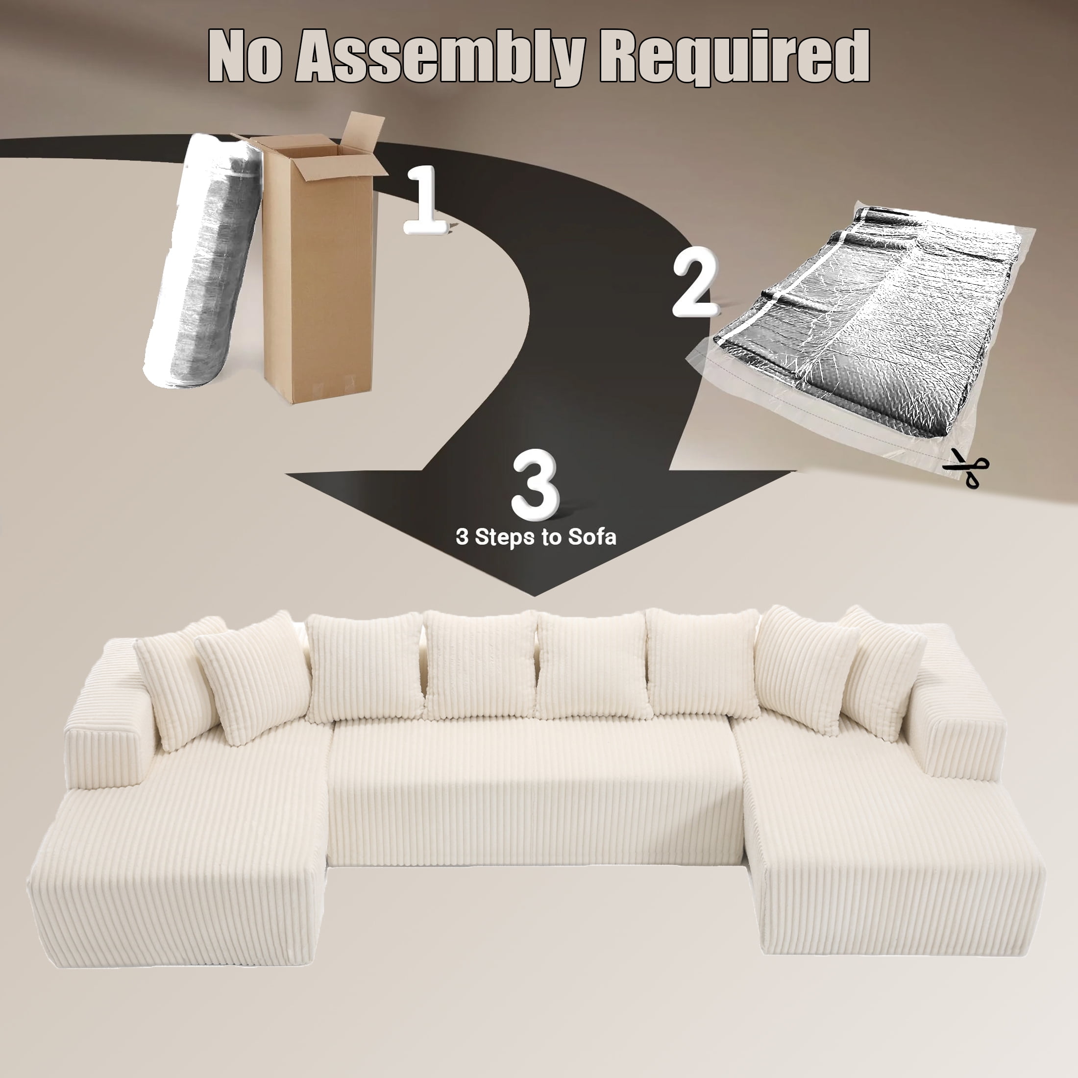 SEENYOO 130" Boneless Couch, Modern Couches for Living Room, U-Shaped 4-Seat Modular Sofa with Chaise, Oversized, No Assembly, White