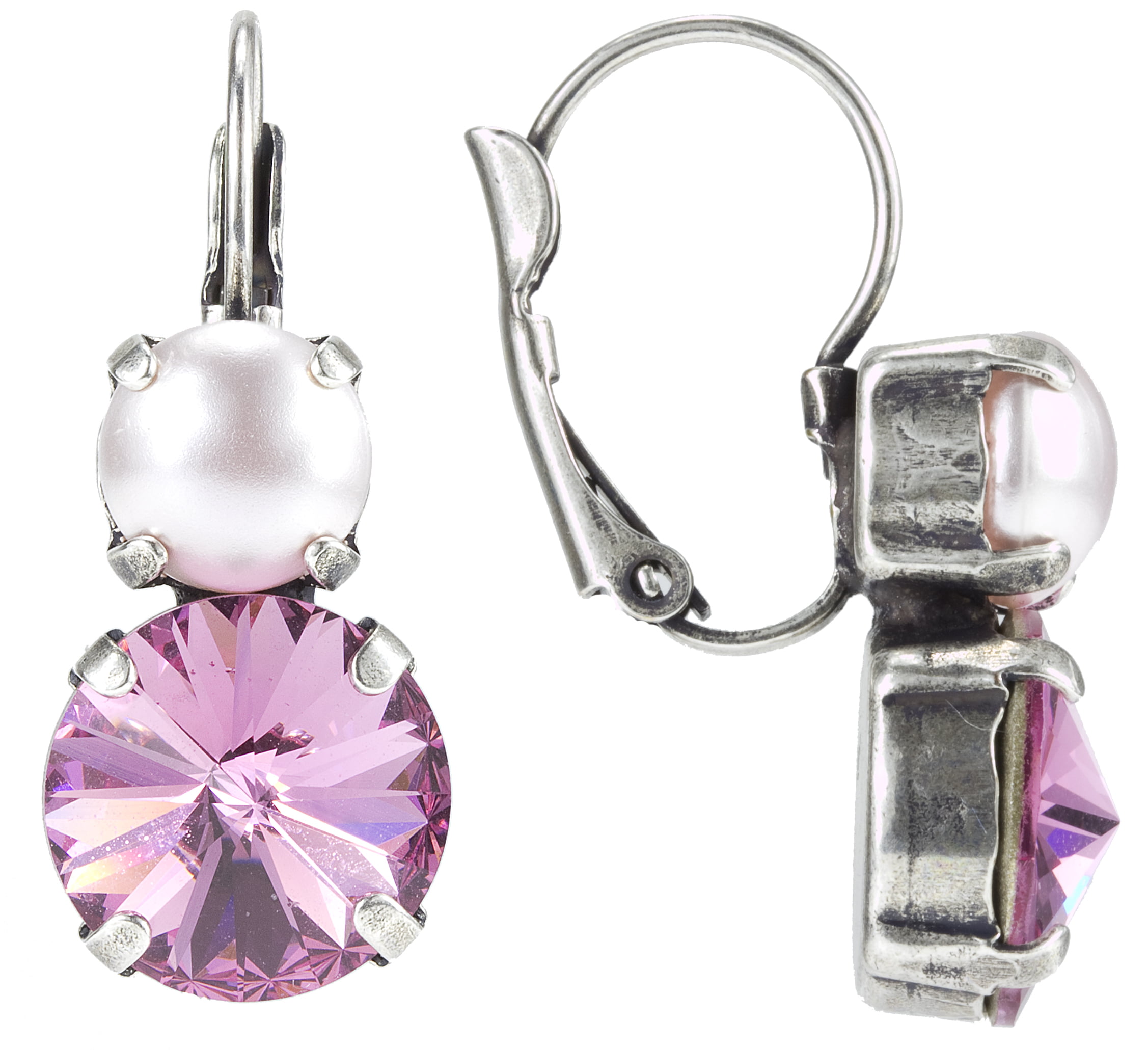 Swarovski 8mm Rosaline Pink Pearl and 12mm Crystal Rose Leverback Earrings Nickel Free