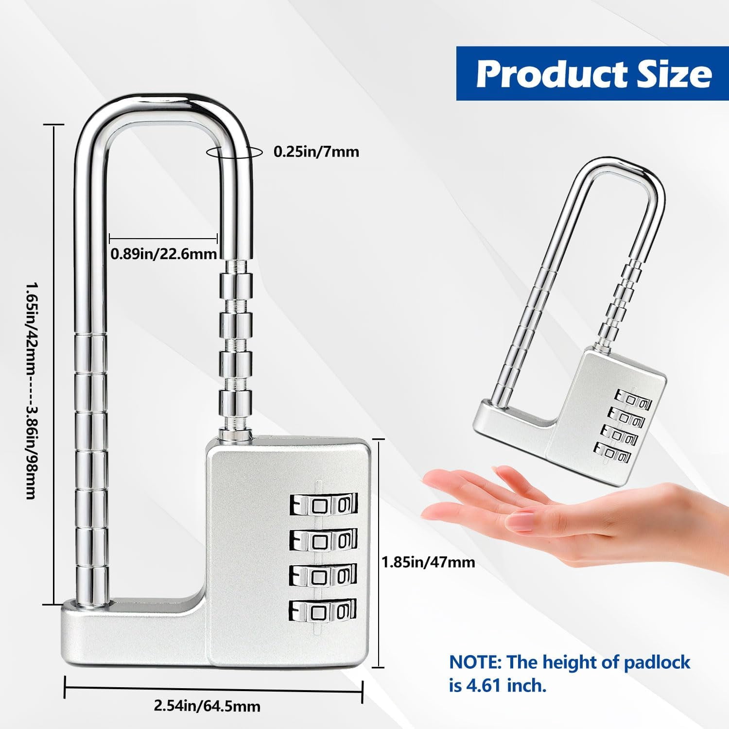 ABCISI Combination Padlock with Adjustable Shackle to Fit Different Locking Points, Zinc Alloy Versatile Lock for Cabinet Bike Gym Fences & Gate, Compact Size Can be Easily Carried and Stored, Silver