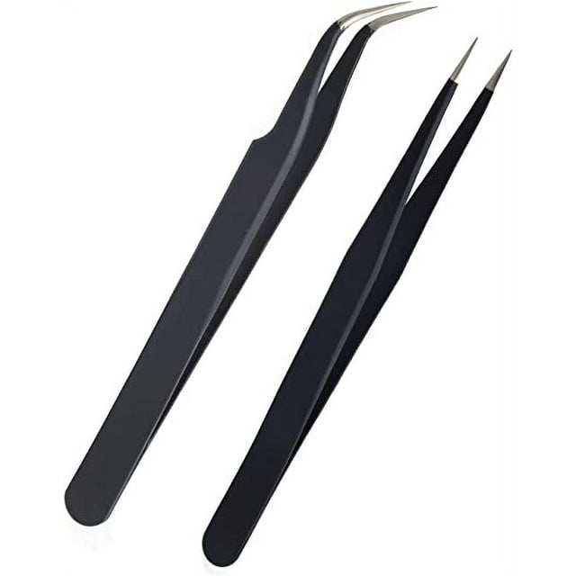 Pinzas para pestañas de 2 piezas, pinzas para extensión de pestañas de acero inoxidable, pinzas para pestañas con punta recta y curva (negro)