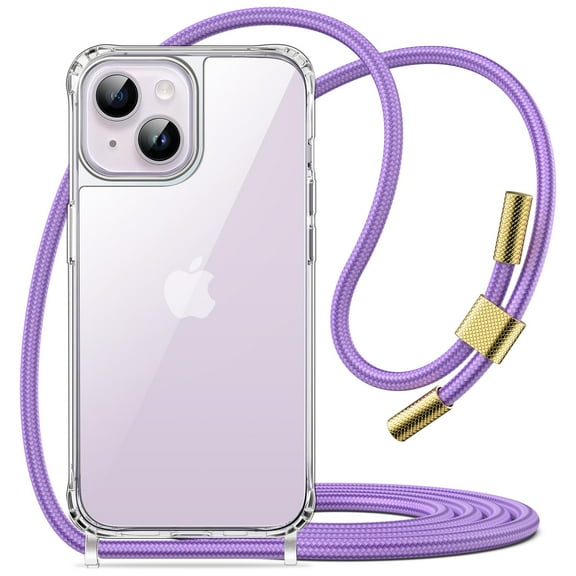 JETech Crossbody Case for iPhone 14 6.1-Inch with Adjustable Lanyard Strap, Clear Transparent Anti-Yellowing Shockproof Protective Phone Cover with Neck Cord (Purple)