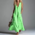 thumbnail image 2 of Makaor Linen Dresses for Women Plus Size A Line Button Maxi Dresses Sleeveless Gingham V Neck Beach Vacation Clothes with Pockets Green XL, 2 of 7