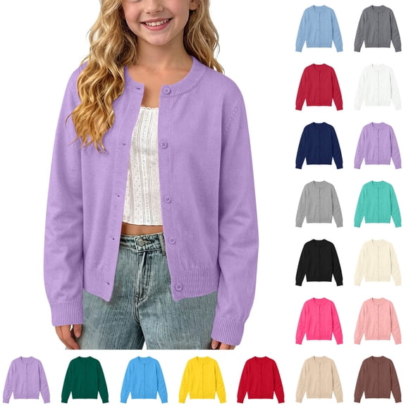 AKOEE Knit Sweater Cardigans Girls Boys Long Sleeve Soft Cotton Button Up Jacket Toddlers Kids Fall Clothes (6 Years, Purple)