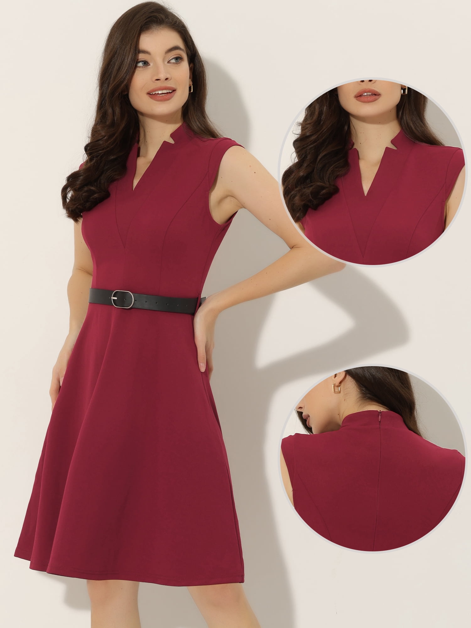 DARING DIVA Elegant Dress Split Neck Wear to Work Sleeveless Dresses XS Wine Red