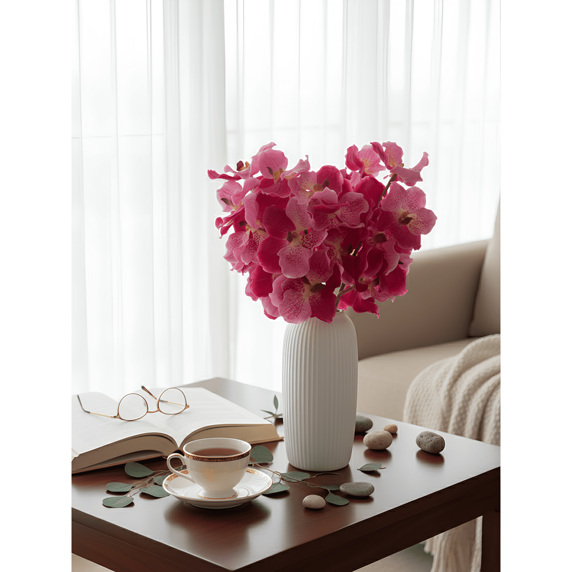 Amaranton 24" Real Touch Vanda Orchid - Fuchsia 5Pcs Artificial Flowers Bouquet for Gift Home Decor Indoor Outdoor Faux Orchid Flower Fake Floral Arrangements