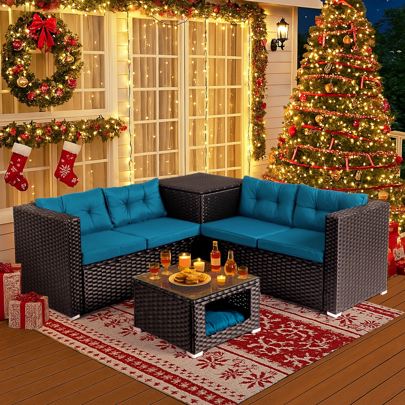 Ktaxon 4PC Patio Furniture Set, Black PE Wicker Modular Sectional with Storage Box, Pet Coffee Table  Peacock Green Cushions