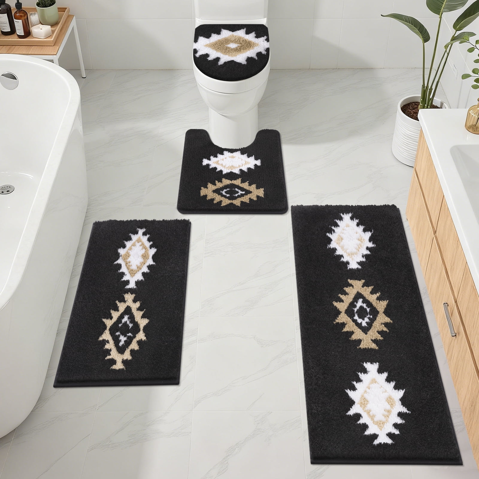 Bathroom Rugs Sets 4 Piece with Toilet Lid Cover, Non Slip Bathroom Mats Extra Soft Bath Rugs Absorbent Shaggy Rugs Perfect Plush Mats U-Shaped Toilet Rug and Toilet Cover